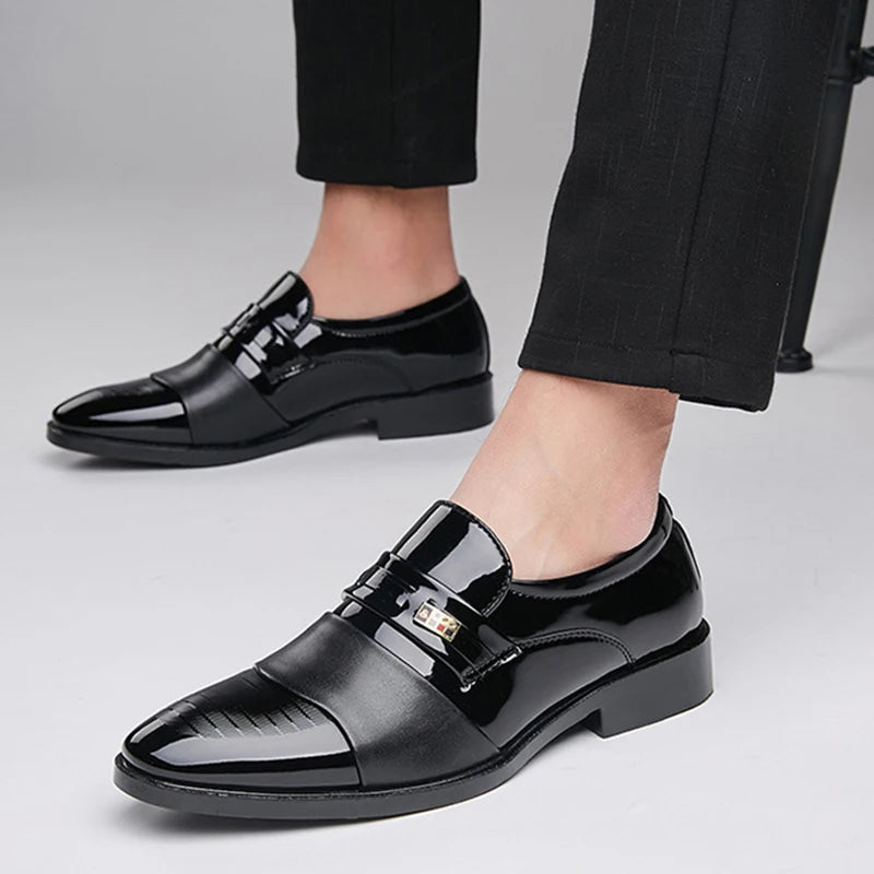 Men's Black PU Leather Oxfords – Slip-On Formal Dress Shoes (Plus Size 38-48)