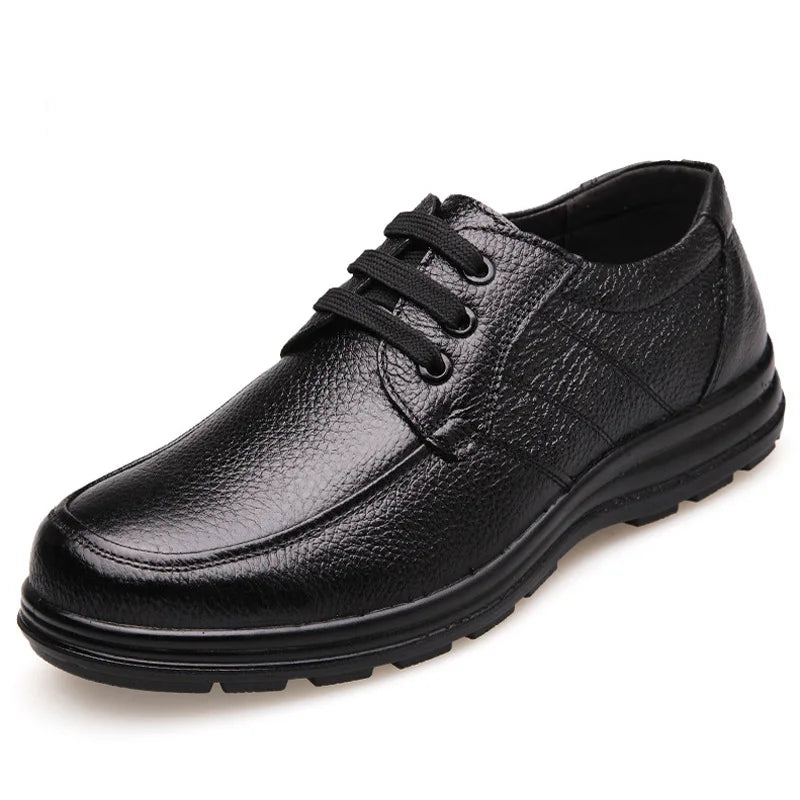 Men's Genuine Leather Flat Shoes – Soft Cowhide Business & Casual Footwear (Black)