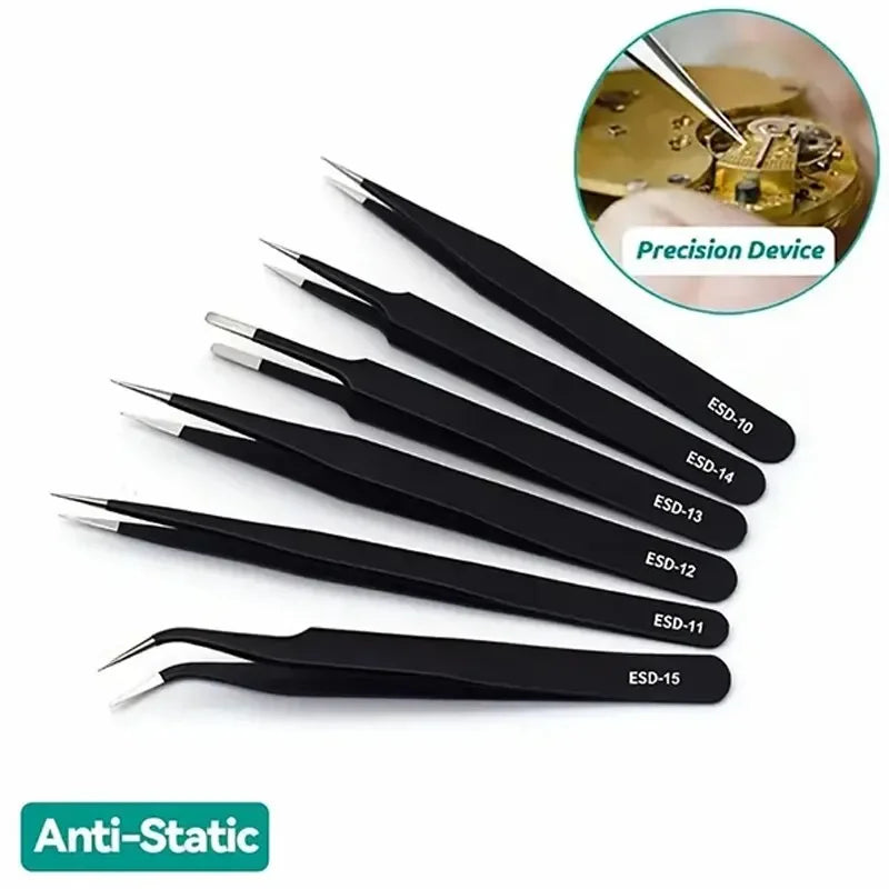 6pcs Precision Stainless Steel Tweezers Set - ESD Anti-Static Tools for Electronics, Soldering & Crafts