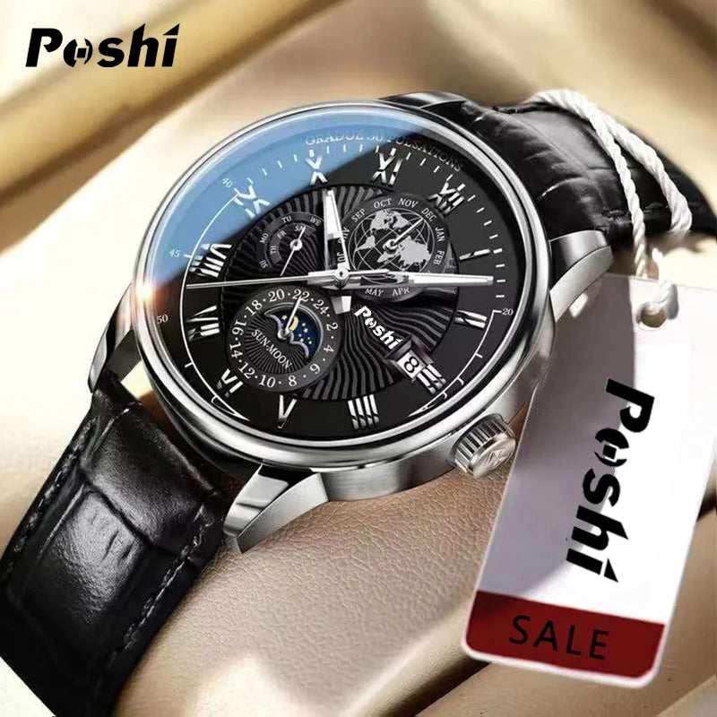 POSHI Swiss Men's Luxury Watch - Waterproof, Luminous Sport Design with Leather Strap & Date Quartz Movement