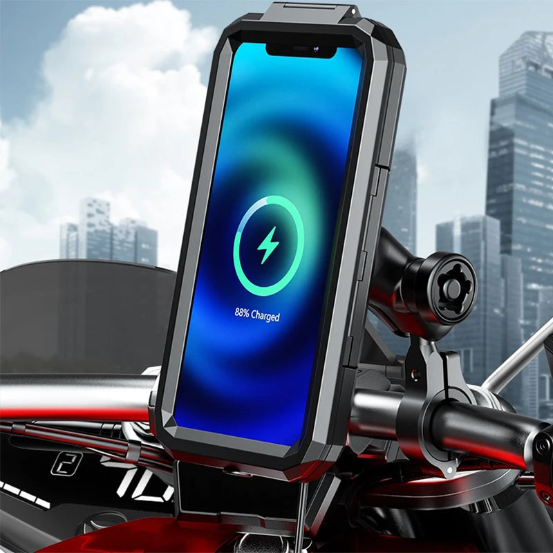 Waterproof Motorcycle Wireless Phone Charger Mount – Qi/USB-C, Handlebar Holder with Double Socket Arm