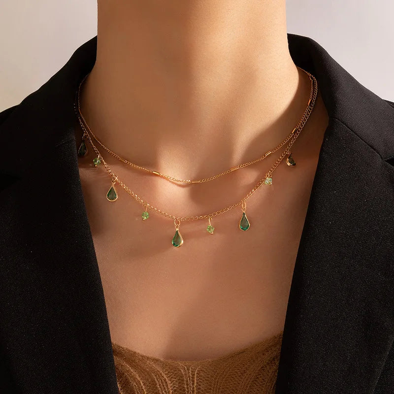 Tocona Bohemian Green Crystal Stone Pendan Double Necklace for Women Gold Color Alloy Metal Water Drop Clavicle Necklace Jewelry