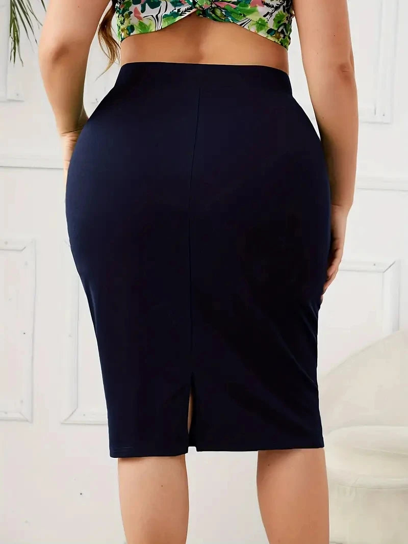 2024 Summer Plus Size High-Waist Slim Skirt - Casual Solid Slit Design for Women