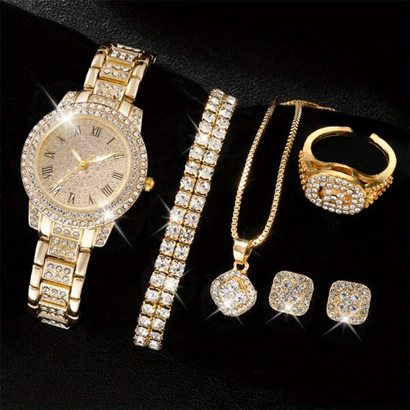 6PCS Women's Luxury Watch & Bracelet Set – Elegant Crystal Quartz Wristwatch