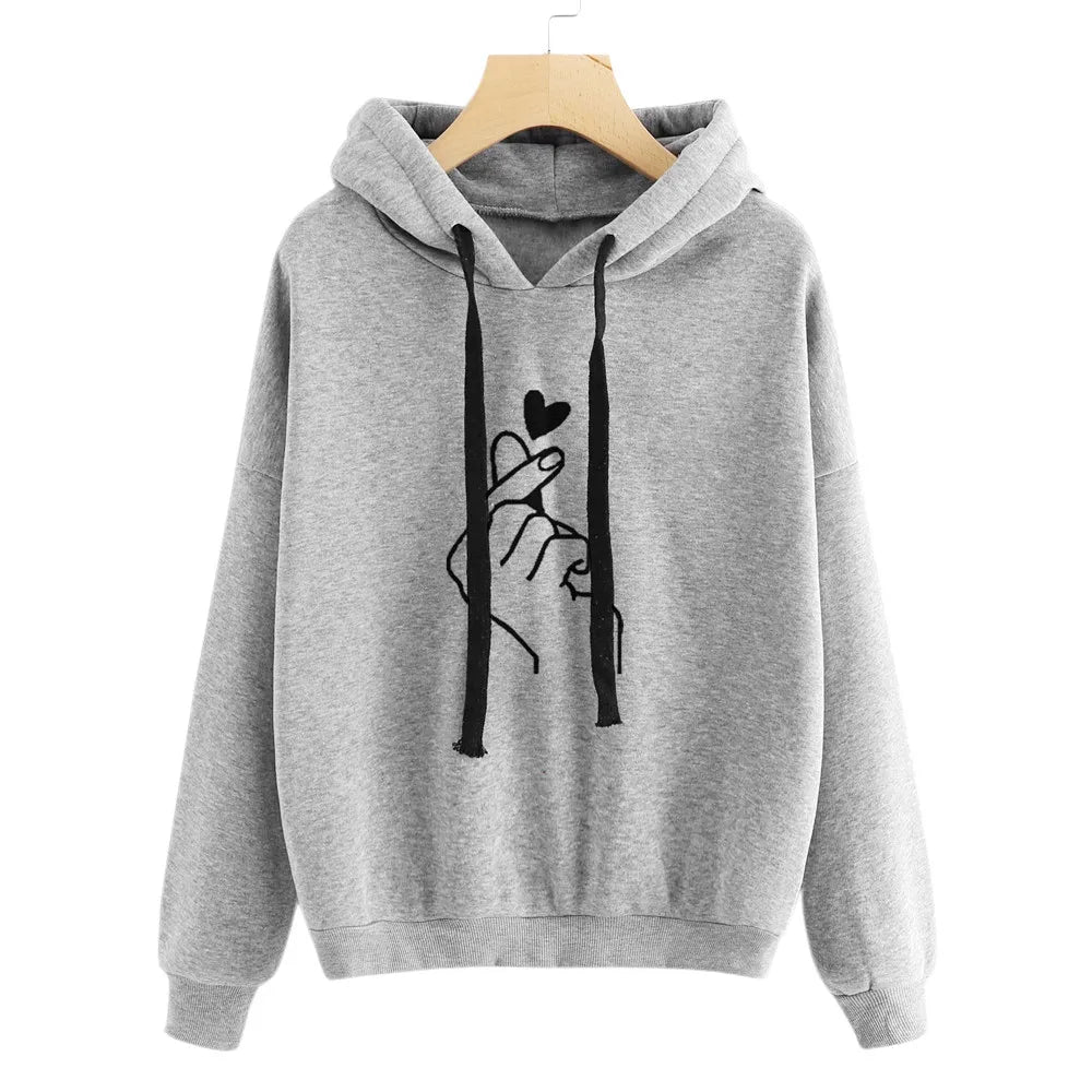 Korean Fashion Kpop Hoodie For Women Heart Finger Printed Harajuku Sweatshirts Hooded Pullover Tracksuit Teen Girls Sudaderas