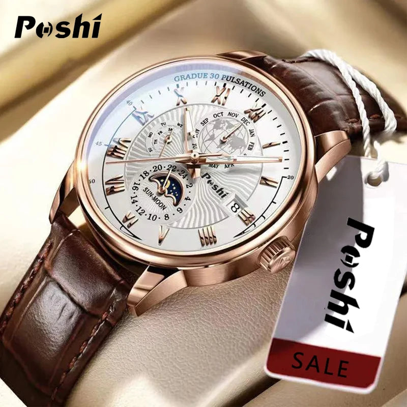 POSHI Swiss Men's Luxury Watch - Waterproof, Luminous Sport Design with Leather Strap & Date Quartz Movement