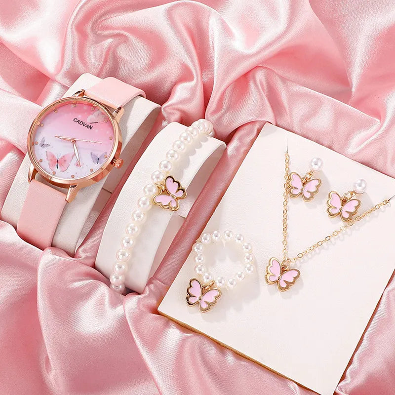 6PCS Set Women Fashion Quartz Watch Female Clock Pink Butterfly Dial Luxury Brand Design Ladies Leather Wrist Watch Montre Female