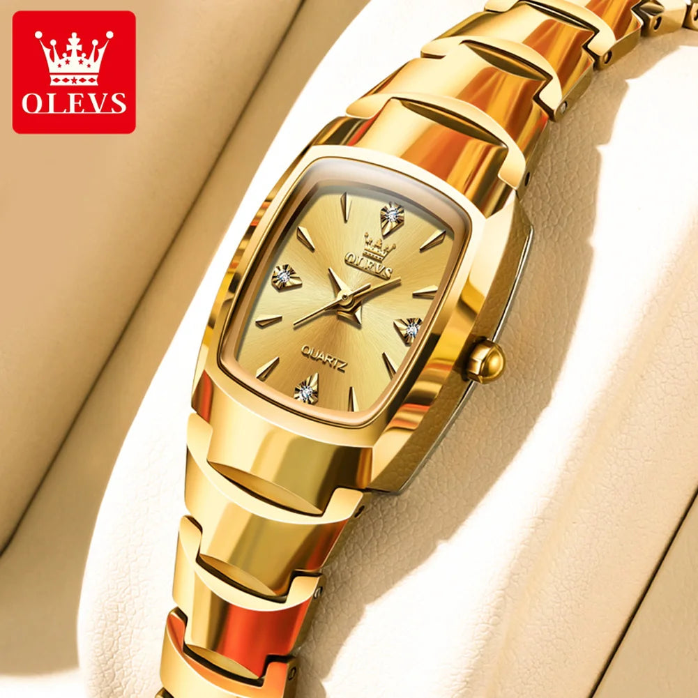 OLEVS Luxury Women's Watch – Gold Tonneau Quartz, Waterproof Tungsten Steel