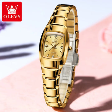 OLEVS Luxury Women's Watch – Gold Tonneau Quartz, Waterproof Tungsten Steel