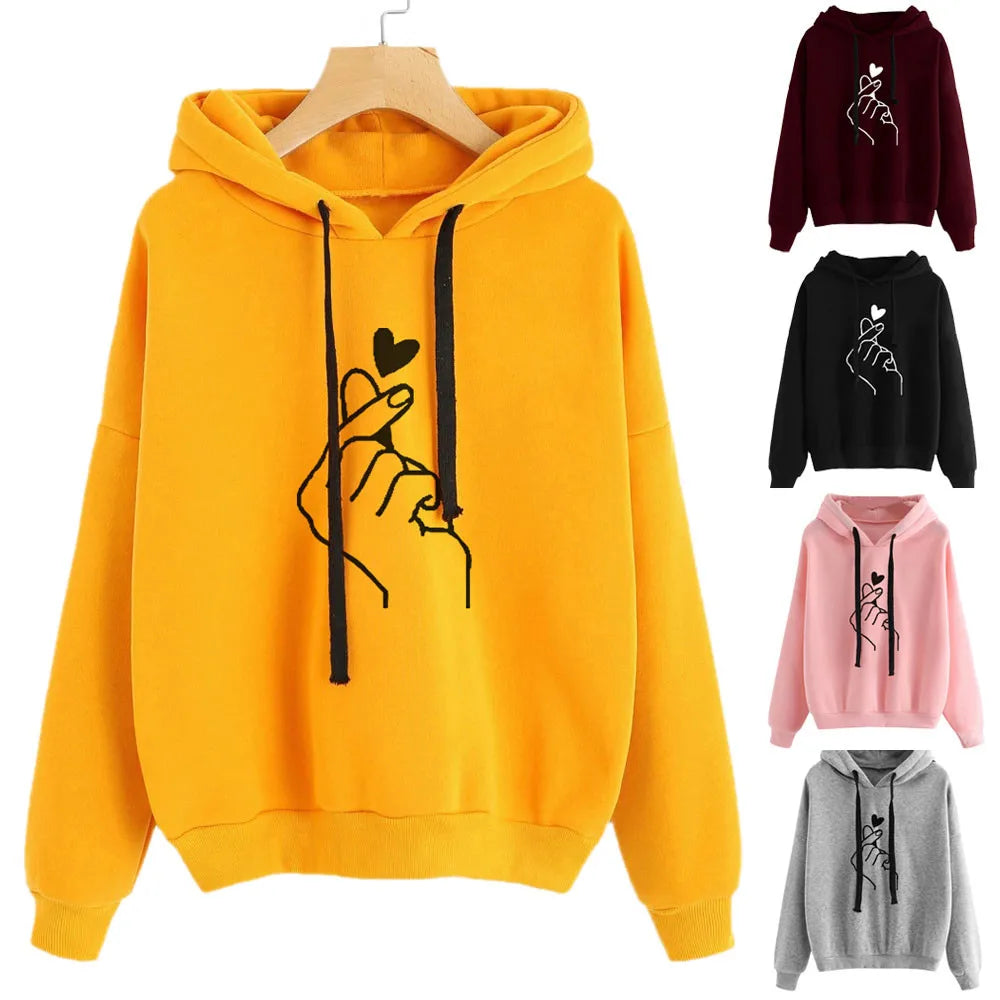 Korean Fashion Kpop Hoodie For Women Heart Finger Printed Harajuku Sweatshirts Hooded Pullover Tracksuit Teen Girls Sudaderas