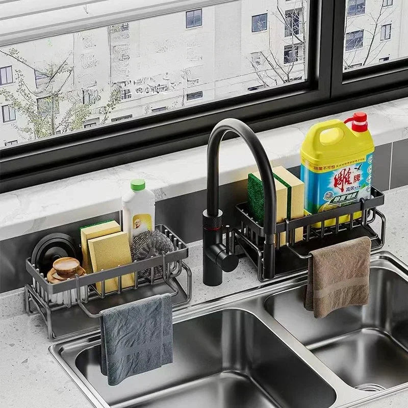 Carbon Steel Kitchen Sink Organizer – Rag Storage, Spice Rack, and Dish Drying Shelf