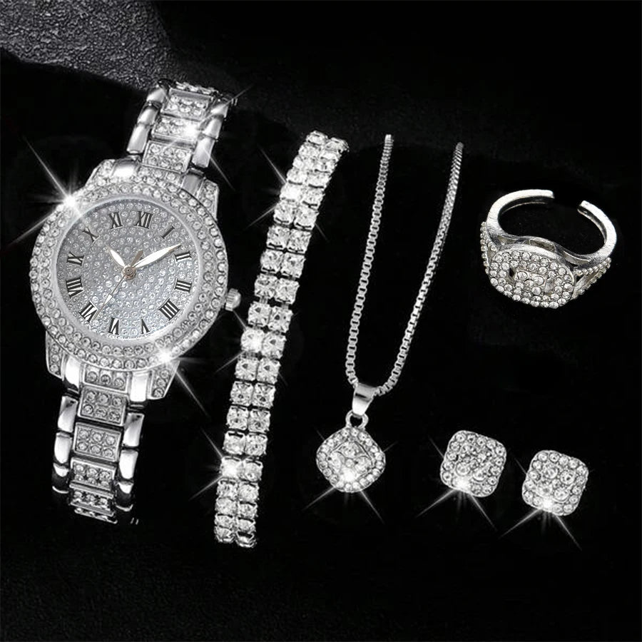 6PCS Women's Luxury Watch & Bracelet Set – Elegant Crystal Quartz Wristwatch